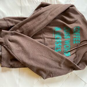 Brown Hoodie with Teal  coffee cuss words and horses